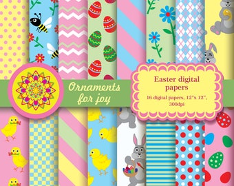 Easter digital papers, Easter digital scrapbooking, Easter bunny, eggs and chick scrapbook papers, colorful spring digital papers