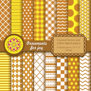 Brown and yellow digital papers, brown and yellow digital scrapbooking, stripes, polka dots, gingham, checker, chevron, quatrefoil, waves