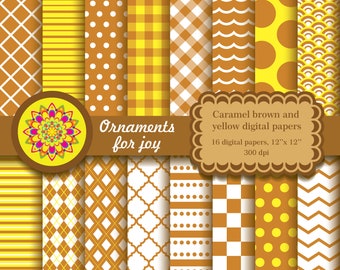 Brown and yellow digital papers, brown and yellow digital scrapbooking, stripes, polka dots, gingham, checker, chevron, quatrefoil, waves