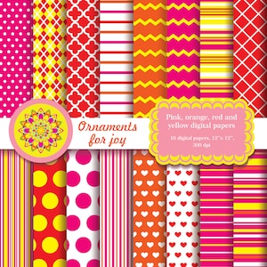 Colorful, bright color, red, orange,yellow,pink and white digital papers,summer patterns,quatrefoil,polka dots,stripes,argyle,chevron,hearts