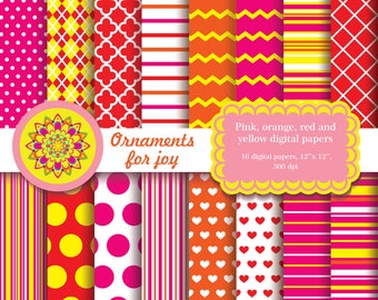 Colorful, bright color, red, orange,yellow,pink and white digital papers,summer patterns,quatrefoil,polka dots,stripes,argyle,chevron,hearts