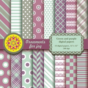 Könnte beinhalten: Ein Set mit 16 digitalen Papieren mit grünen und violetten Mustern. Die Papiere sind 30,5 cm x 30,5 cm groß und haben eine Auflösung von 300 dpi. Die Muster umfassen Streifen, Punkte, Zickzackmuster und geometrische Designs.
