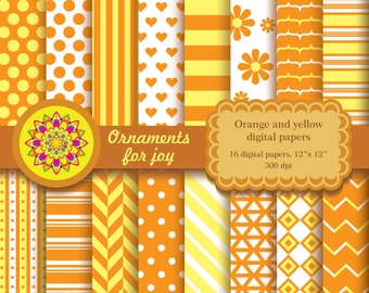 Papiers numériques orange et jaune, papiers scrapbook jaunes et oranges d’été, pois, rayures, chevrons, chevrons, fleurs