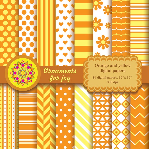 Orange and yellow digital papers, summer yellow and orange scrapbook papers, polka dots, stripes, herringbone, hearts, chevron, flowers