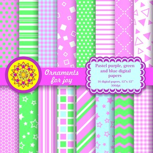 Colorful digital papers, pastel purple green blue and white digital papers, polka dots, rectangles, triangles, gingham, stripes, honeycomb