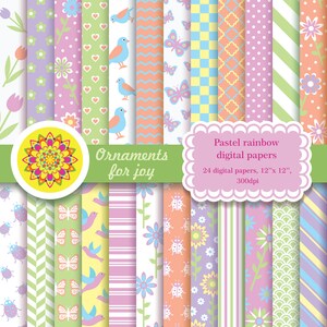 orange, yellow, green, pink, rainbow,colorful,pastel, spring, summer digital papers, lady bug, birds, butterflies, flowers,summer printable