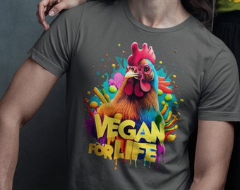 Koszulka „Vegan for Life”: kolorowa grafika z kurczakiem, unisexowa, gruba koszulka