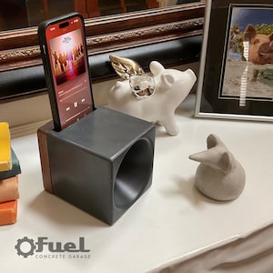 The CUBE concrete+wood passive phone amplifier.