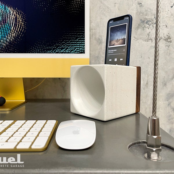 The CUBE concrete+wood passive phone amplifier.