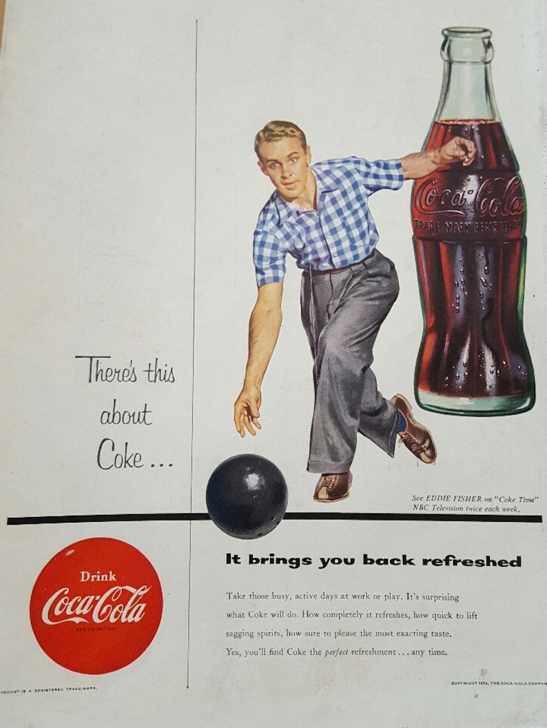 50's Vintage Coca Cola Coke ad Man Bowling Alley Bowling Bowl Collectibles Art & Collectibles
