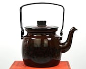 Rare Finel Arabia Finland Brown Orient Enamel Kettle or Teapot Vintage Enamelware by Raija Uosikkinen