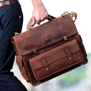 18“ Personalized Leather Briefcase Bag, Premium Vintage Laptop Bag Messenger Bag, For Business, College, Adjustable Shoulder Strap,Best Gift