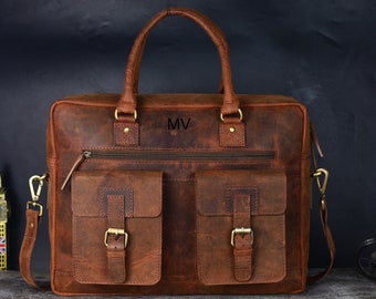 Leather Messenger Bag | Personalized Leather Laptop Messenger Briefcase Men | Leather Purse | Personalized Monogram | Leather Satchel Bag