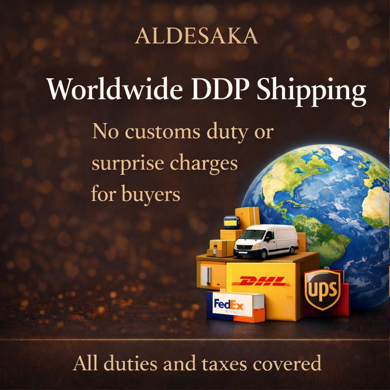 The image is an advertisement for worldwide DDP shipping services, which offer no customs duty or surprise charges for buyers. The ad features a globe surrounded by various shipping and logistics services, including FedEx, UPS, and DHL, along with a white van and other shipping containers. The text on the image states that all duties and taxes are covered, and the company is called Aldesaka.