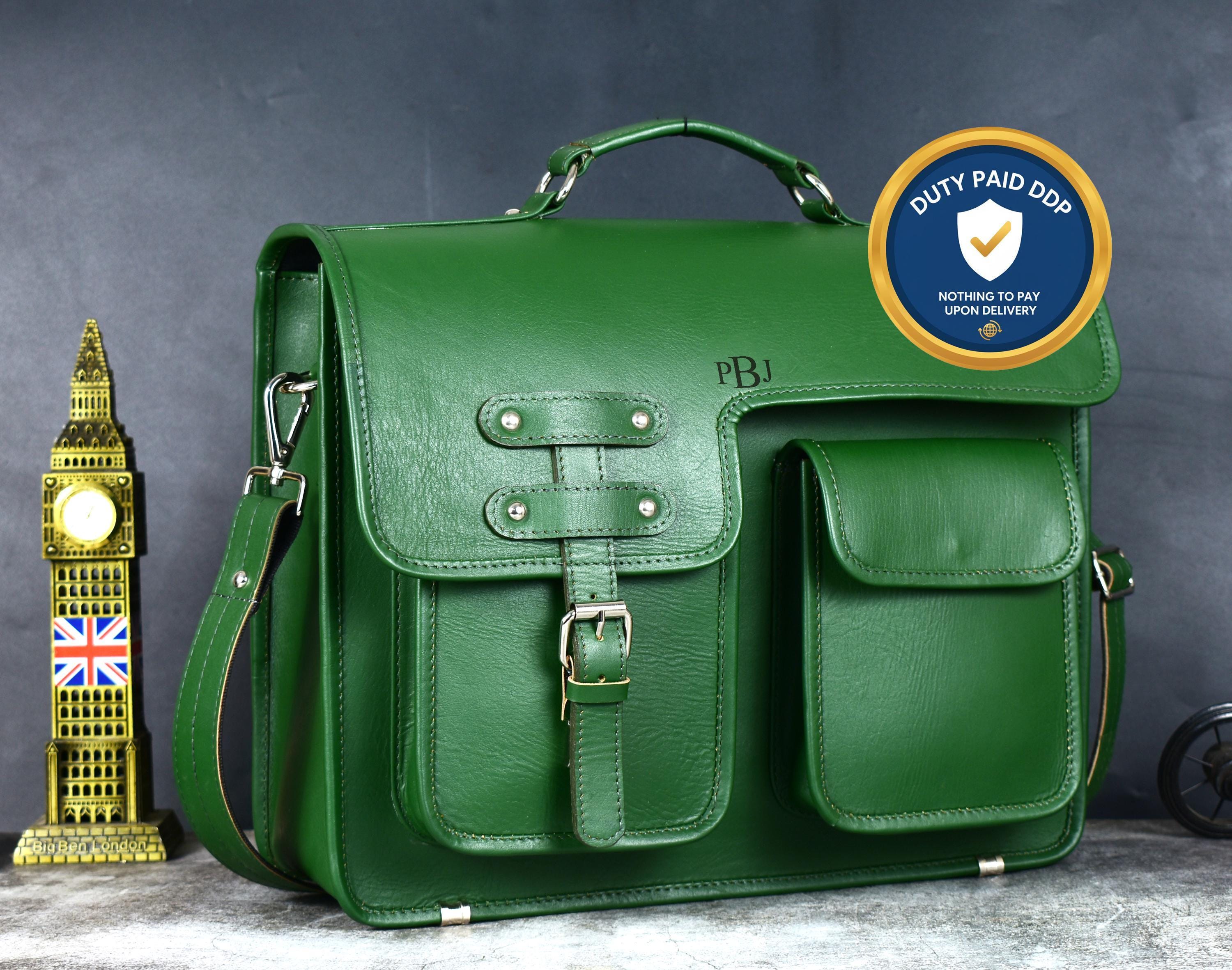 Green Leather Briefcase: Handmade Full-grain Laptop Bag - 70% OFF