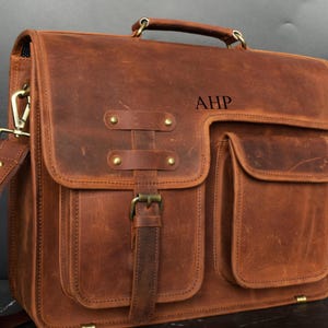 Distressed Leather Laptop Messenger Bag: Personalized Full-Grain Briefcase
