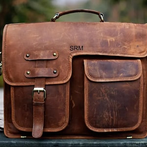 Brown Leather Messenger Bag, Distressed Full-Grain (Personalized Laptop Briefcase)