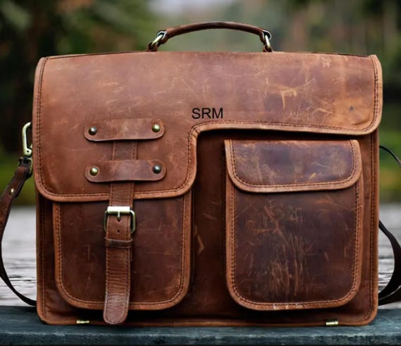 Wrecked Look Leather Messenger Bag: Personalized Laptop Bag
