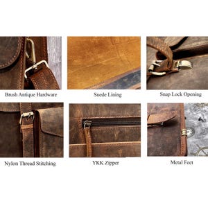 Close-up collage showing antique brass hardware, suede lining, snap lock, nylon thread stitching, YKK zipper, and sturdy metal feet