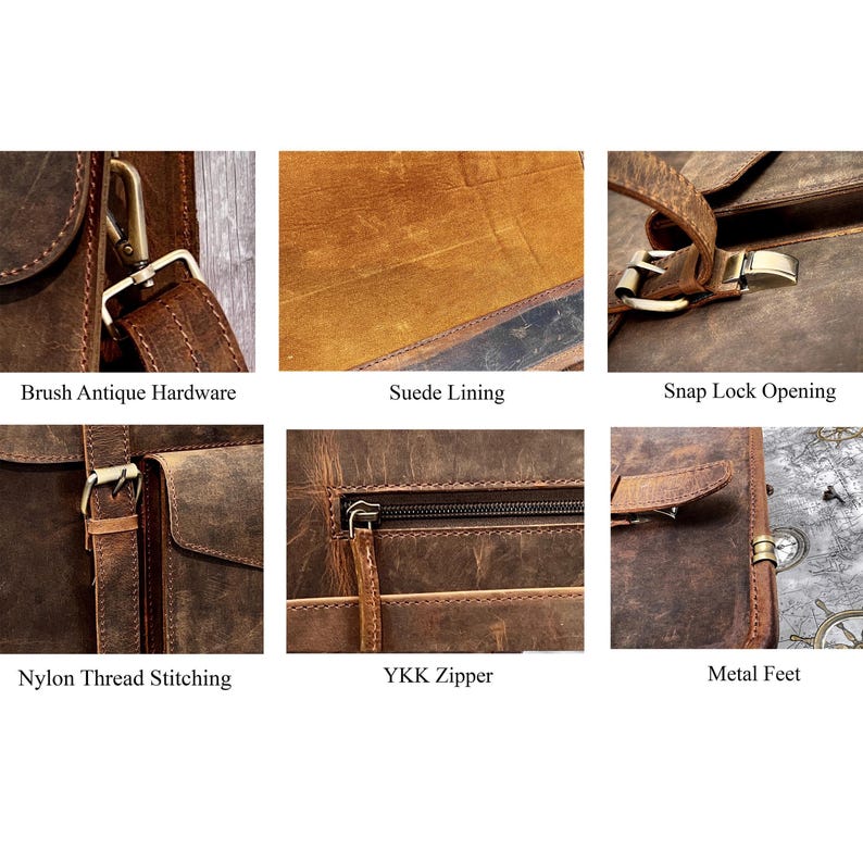 Close-up collage showing antique brass hardware, suede lining, snap lock, nylon thread stitching, YKK zipper, and sturdy metal feet
