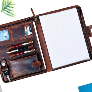 Personalized Full-Grain Leather Zippered Portfolio | Handmade A4/A5 Document Organizer