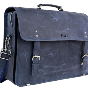 Sac messager en cuir bleu, sacoche unisexe fabriquée à la main, porte-documents de bureau en cuir personnalisé, bandoulière en cuir de vachette souple
