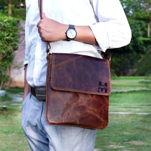 Handmade Leather Crossbody Bag for Men: Engraved, Personalized Option