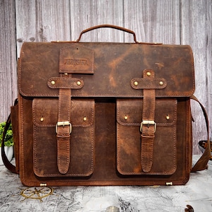 Handmade Full Grain Leather Messenger Bag, Men&#39;s Leather Briefcase, Leather Laptop Bag, Large Satchel mens luxury briefcase, Mother&#39;s Gift