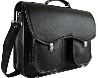 Black Soft Leather Briefcase with Snap Lock Opening - Personalized for Men and Women - Sleek and Professional Bag
