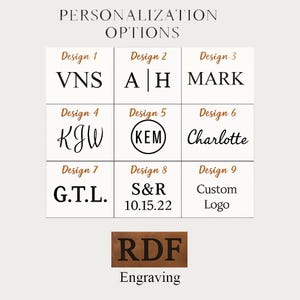 a collection of personalized options for engraving, including names, initials, and company logos.