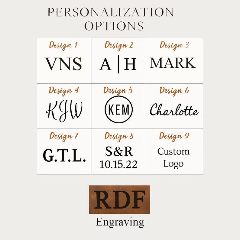 a collection of personalized options for engraving, including names, initials, and company logos.