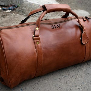 Personalized Leather Duffel Bag: Handmade Travel Gym Bag, Men&#39;s Weekender