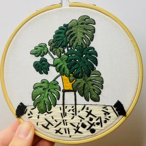 Monstera Plant on Black Tassel Rug Embroidery