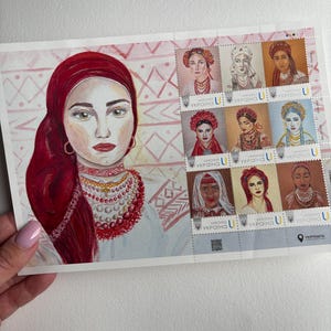 Timbro postale originale, francobollo, ritratti dipinti a mano sul timbro postale, arte ad acquerello, arte ucraina, regalo per lei, arte da collezione, regali