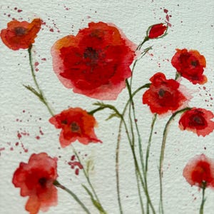 Aquarell Blumenkarte, rote Blumen, Blumengeschenk, rote Mohnblume, original Aquarell Kunst, handgemachtes Gemälde, Geschenk für sie
