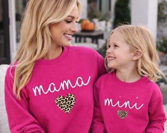 Mama and Mini Valentine Sweatshirts, Matching Mom and Daughter Valentine Outfit, Leopard Heart Valentine Shirts
