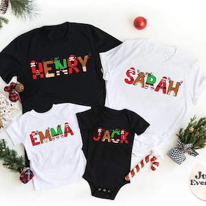 クリスマスカスタムネームシャツ、パーソナライズされたクリスマスファミリーTシャツ、カスタムクリスマスシャツ、お揃いのファミリークリスマスシャツ、クリスマスギフト