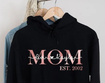 Mama Est Hoodie, moeder opgericht, aangepast jaar, gepersonaliseerde mama trui, nieuwe moeder als cadeau, unisex hoodie, mama sweatshirt met kindernamen