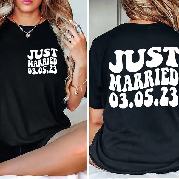 Camisa personalizada con fecha de boda recién casada, colores cómodos personalizados, camisas de señor y señora, novia y novio, camisa de recién casados, regalos de luna de miel
