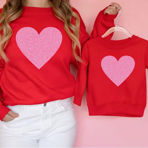 Herz Valentinstag Pullover, Glitzer Valentinstag, Rosa Glitzer Pullover, Glitzer Herz Valentines Sweatshirt Mama und ich, Kleinkind Pullover