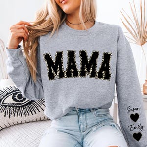 Mama Leopard Sweatshirt with Name on Sleeve, Personalized Mama Shirt, Custom Mom Gift, Leopard Print Mama, Mother’s Day Gift
