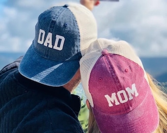 Sombreros de mamá y papá, sombrero de anuncio de embarazo, sombreros de revelación de género, gorras de béisbol teñidas con pigmentos, sombreros unisex, gorras de estilo vintage, sombreros a juego