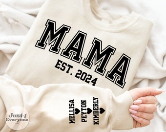 Sudadera de mamá personalizada con nombre de niño en la manga, sudadera de mamá personalizada, regalo del Día de las Madres para mamá, regalo para mamá, suéter de mamá, idea de regalo