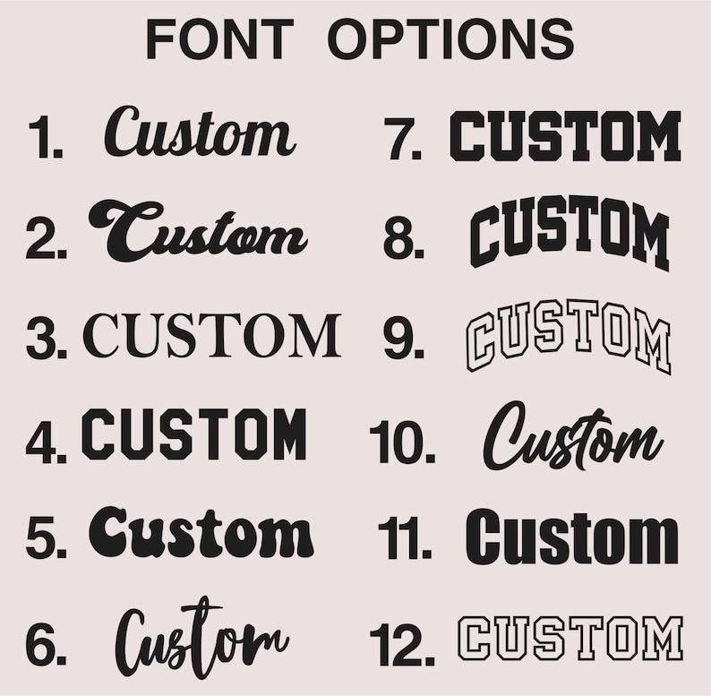Op de afbeelding: Een lichtbeige afbeelding met bovenaan de tekst "FONT OPTIONS". Twaalf verschillende lettertypestijlen worden getoond, elk met het woord "Custom" in verschillende ontwerpen, genummerd van 1 tot 12.