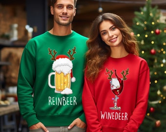 Sweatshirts Winedeer Reinbeer, Chemises de Noël Funny Couple, Sweat-shirt de Noël, Pulls couples, Sweat-shirt renne, Pulls assortis