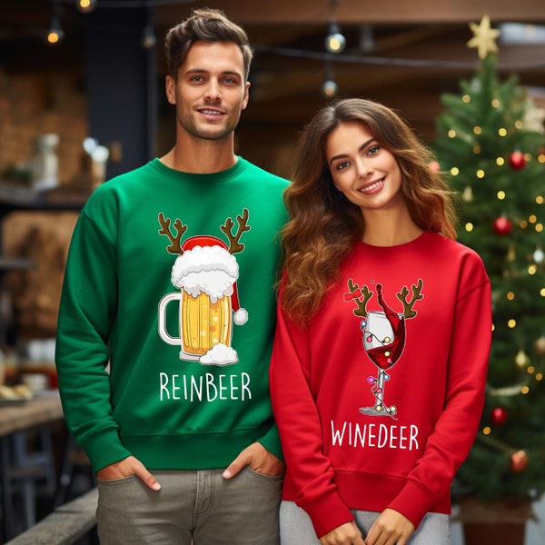 Sweatshirts Winedeer Reinbeer, Chemises de Noël Funny Couple, Sweat-shirt de Noël, Pulls couples, Sweat-shirt renne, Pulls assortis