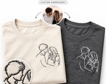 Felpa personalizzata per coppie con ricamo, design minimalista con linee, foto personalizzata con contorno ricamato, regalo per coppie per anniversario.