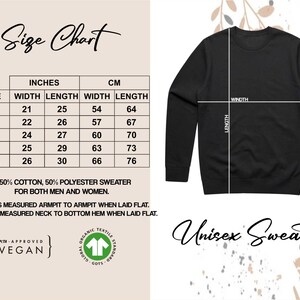 May include: Black unisex sweater with a size chart in inches and centimeters. The chart details width and length measurements for sizes S to 2XL. The sweater is made of 50% cotton and 50% polyester. The text "Unisex Sweater" is also displayed.