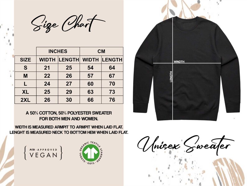 May include: Black unisex sweater with a size chart in inches and centimeters. The chart details width and length measurements for sizes S to 2XL. The sweater is made of 50% cotton and 50% polyester. The text "Unisex Sweater" is also displayed.