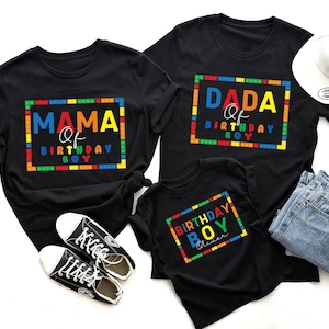Familie bijpassende bouwsteen verjaardagsshirt, blok speelgoed gepersonaliseerde naam verjaardagsfeestje, blokken naam shirts, verjaardag foto aangepaste outfits
